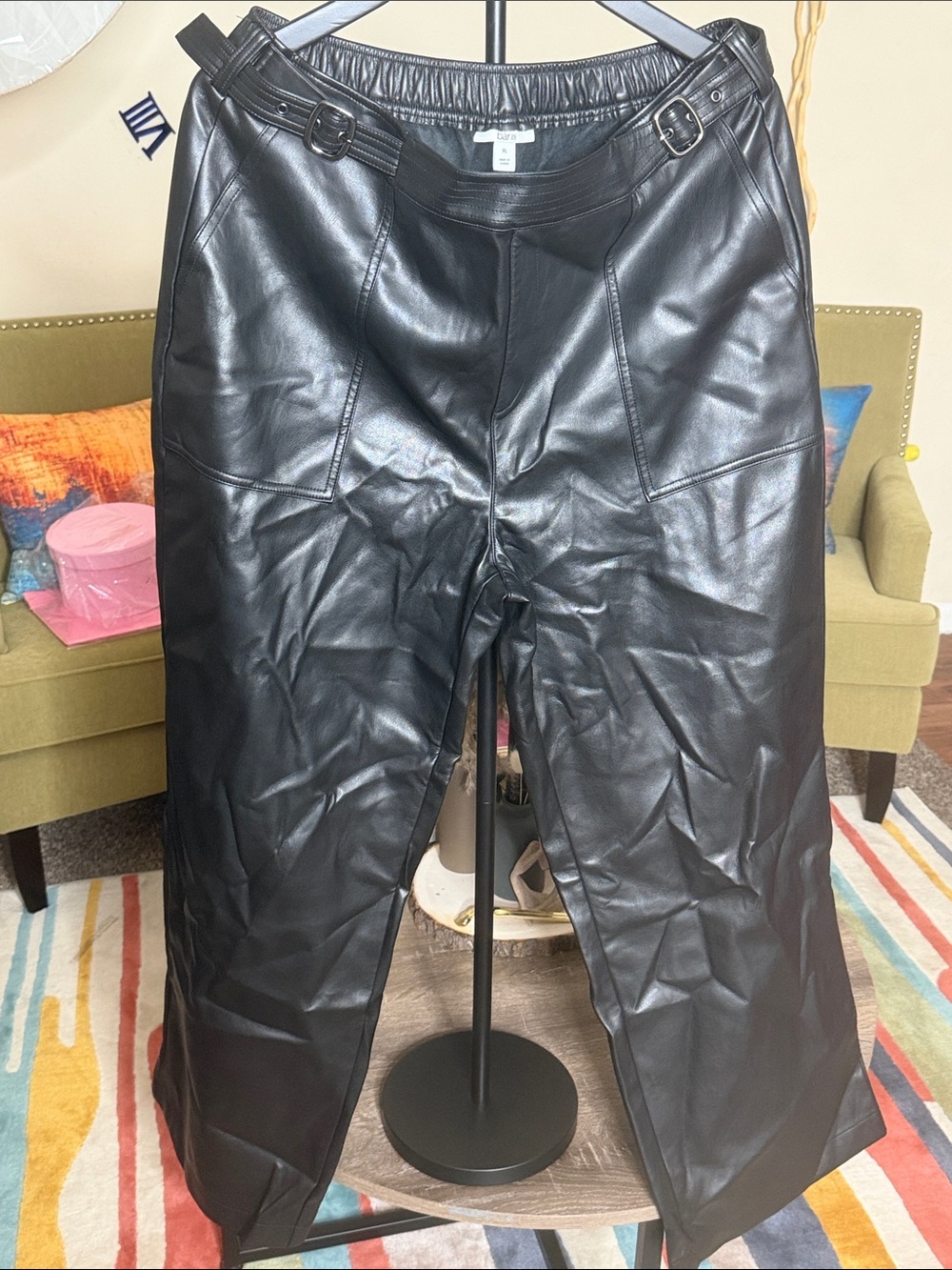 Bar III Black Faux Leather Straight-Leg Pants with Waist Buckle